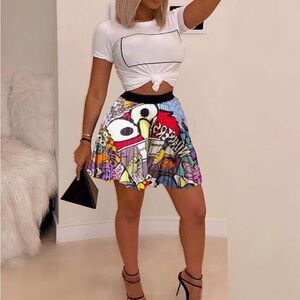 Women's Graffiti Pleated Skirts Cartoon Printed A Line Elastic